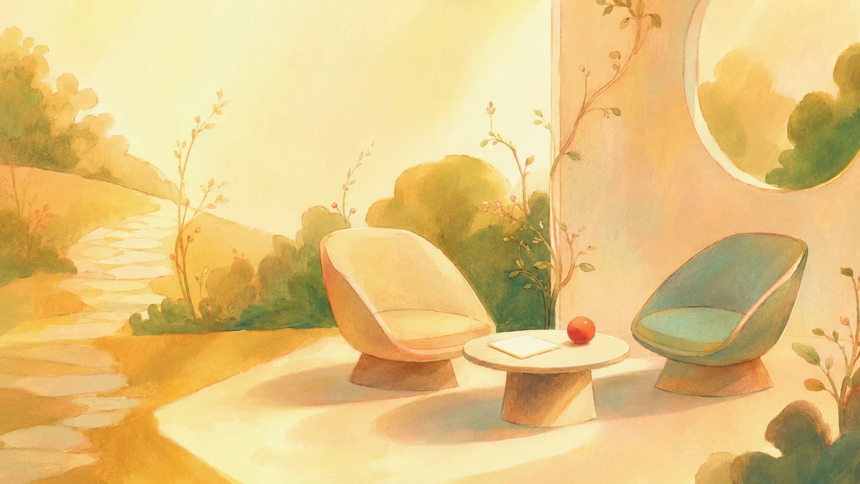 Two welcoming seats, a blank project note, and a red signal orb ready for a first conversation