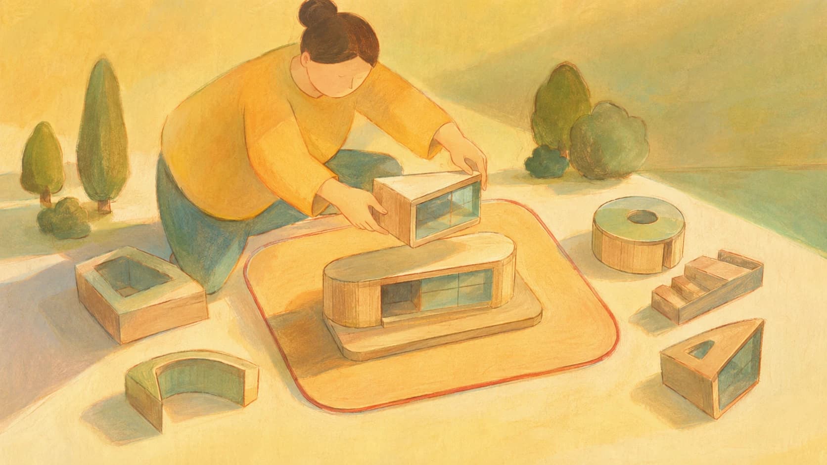 A maker placing one selected component into a focused product model while unnecessary pieces remain aside