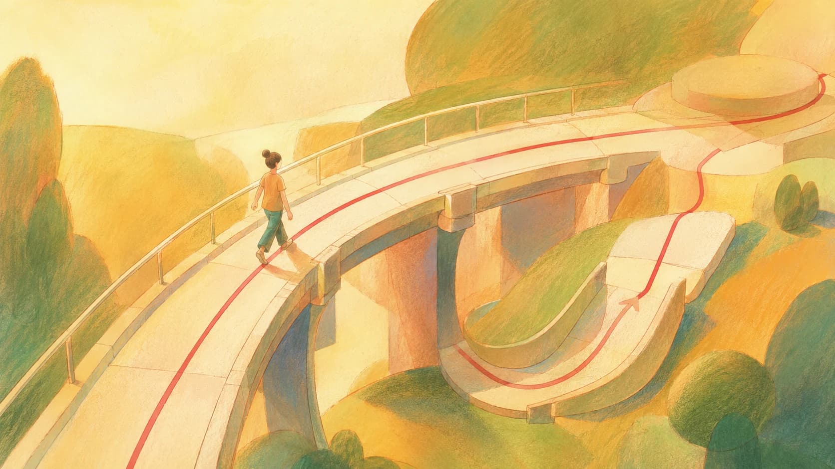 A clear bridge with guardrails and a visible recovery route helping a person move forward with confidence
