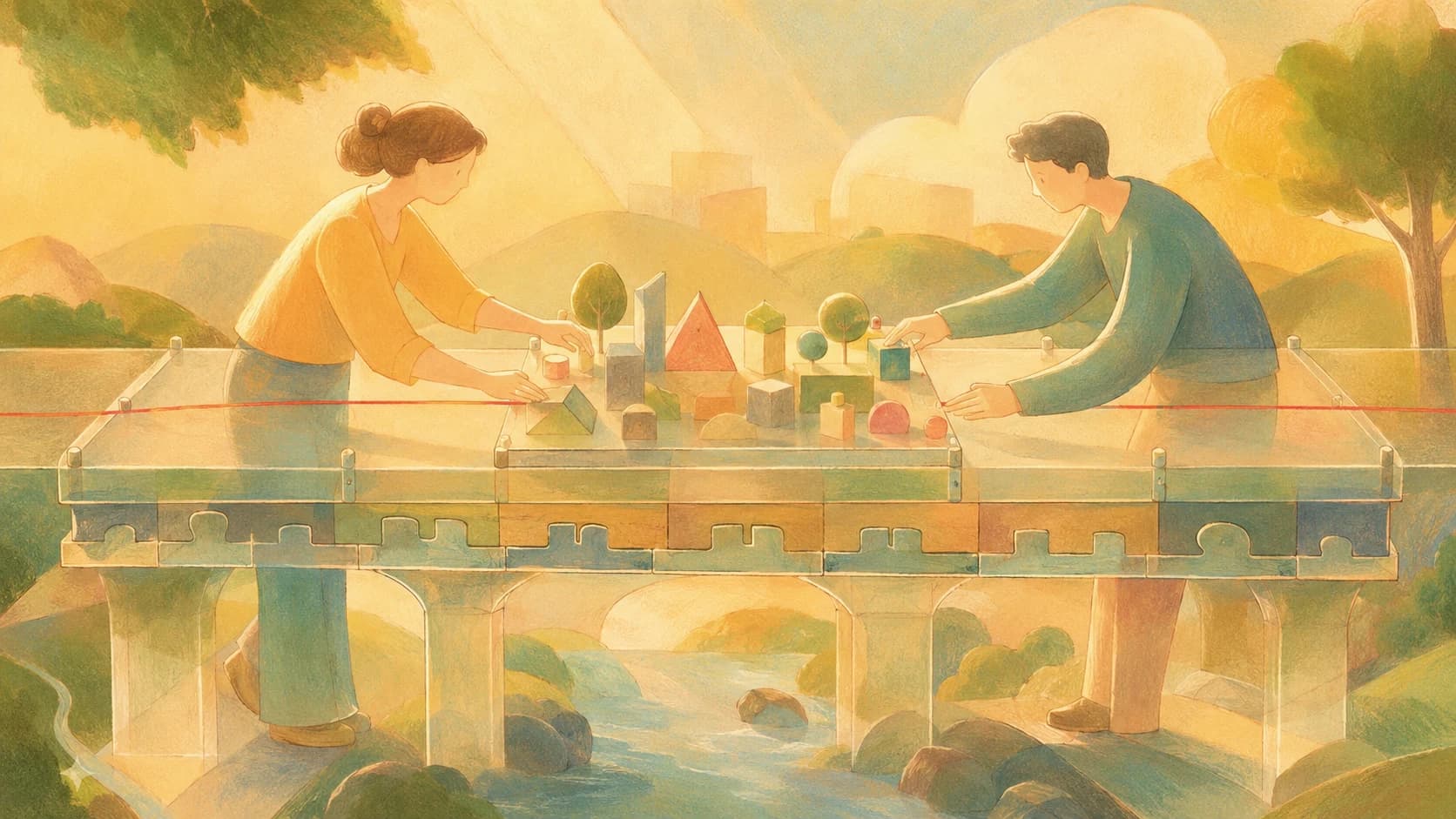 Two people aligning a shared route across a bridge with visible scope, responsibilities, and boundaries