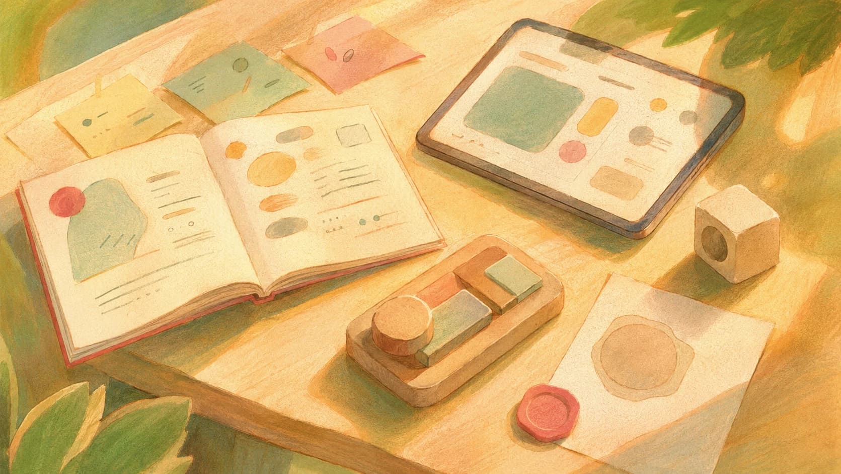 A prepared project workbench with a blank project card, research notes, device frame, testing tools, and approval space
